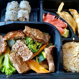 Steak Bento Box.  Meat was very tender.  Soft as butter.  The to-go container was so cute.  It was also in the shape of a bento box.