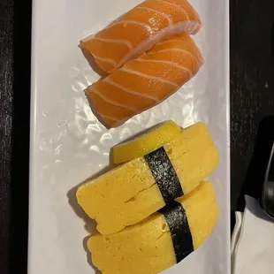 Salmon and egg nigiri