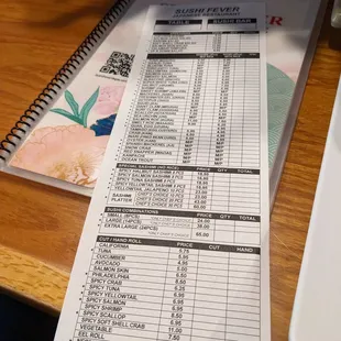 a menu for a sushi restaurant