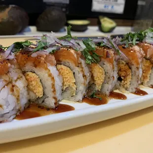 D-train roll
In: shrimp tempura, spicy crab, avocado
Out: seared salmon, chopped cilantro and jalapeno