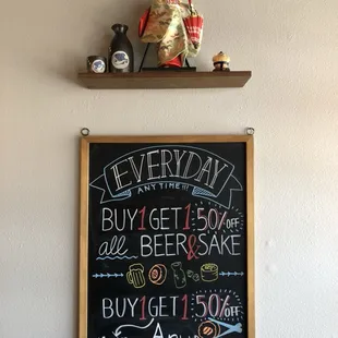 EVERYDAY SPECIAL: Buy 1 Roll, Get 1 50%OFF, All Beer &amp; Sake, and Any Roll! (Discount affects to equal or less priced item)