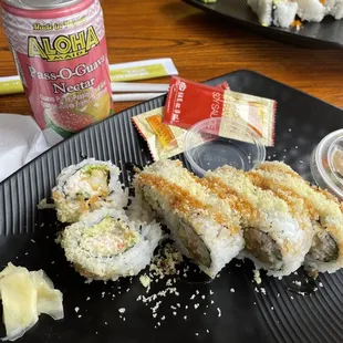 Crunch Roll with Squid Salad and POG juice