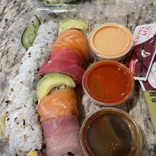 on the left the waikiki roll and rainbow on the right