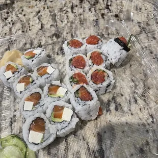 philadelphia on the left and spicy tuna on the right.