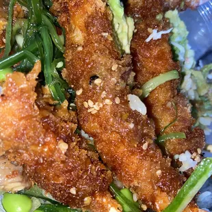 Poke bowl but the center of it all is the shrimp tempura