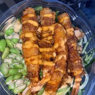 Poke bowl . Topped with Shrimp Tempura