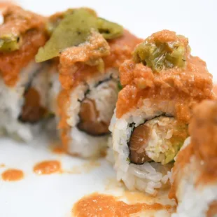 a closeup of a sushi roll