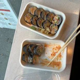 California Roll with yum yum sauce and crunchy salmon roll.