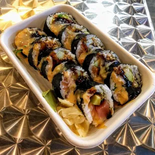 Salmon Tuna + Avocado, cucumber, seafood and tofu