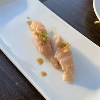 Seared Albacore Belly Special Sushi with Garlic Chips a Ponzu Sauce