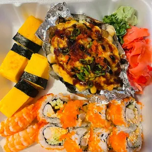 Tamago Egg Sushi (upper left); Ebi Shrimp Sushi (bottom left); Baked Scallop Roll (upper right); Mexican Roll (bottom right)--solid!