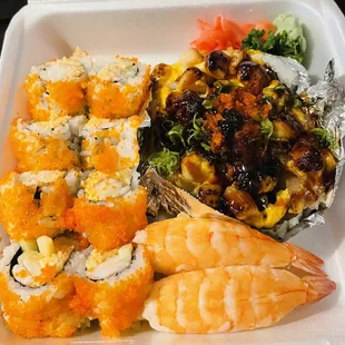 Mexican Roll (left); Baked Scallop Roll (upper right); Shrimp Sushi (bottom right)--my usual!