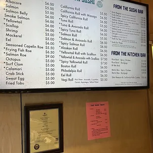 menu and price list on the wall