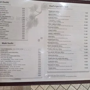 One side of the menu as of Saturday, November 20, 2021