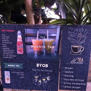 Drink menu (corking fee for BYOB)