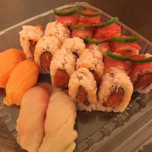 Salmon and yellow tail nigiri, spicy tuna roll, cry baby roll - YUM!!