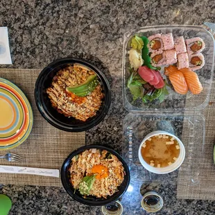 Yakuza bowl, Ahi Tower bowl, Sushi Combo 1, miso soup