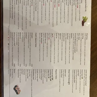 Back side of full menu (laminated).