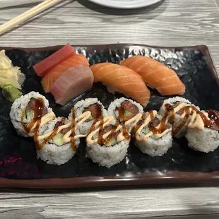 Sushi Combo 1 (tuna, salmon, yellowtail sashimi, 2 salmon nigiri, Spicy Tuna Roll)