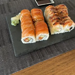 Salmon and baked salmon. Pieces are small.