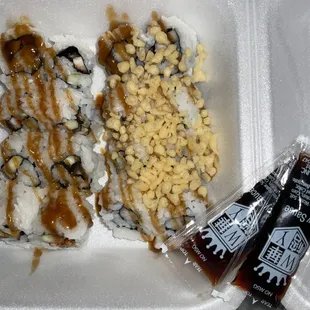 Right: crunchy shrimp roll. Left: eel roll.