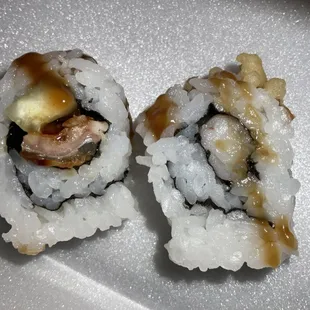 Left: eel roll. Right: crunchy shrimp roll.