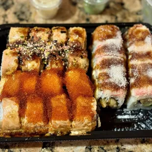 Organic Edamame Coconut Shrimp Roll Lion King Roll Golden Dragon Roll