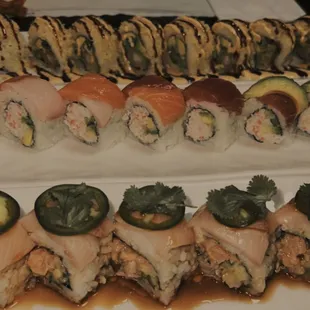 Yellowtail jalapeño roll , rainbow roll and crunchy roll