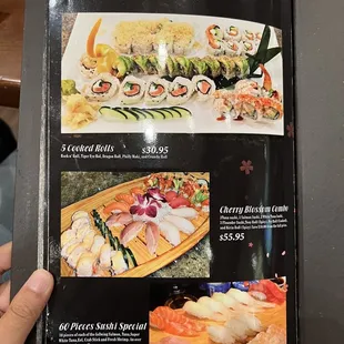 menu, sushi and sashimi