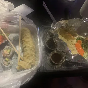 From left to right; One piece of California rolls a &amp; b, Mt. Fuji Spicy Roll &amp; one Gyoza out of the 6 that come with the order