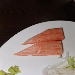 Fake crab meat unapologetically added to my Sashimi lunch plate.