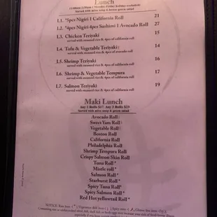 Lunch menu
