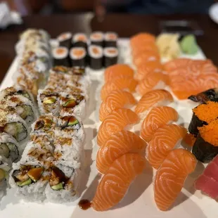 Left to Right: Shrimp crunch, salmon maki(top)/eel avocado(bottom), salmon nigiri, salmon sashimi, masago nigiri, pepper tuna, eel nigiri