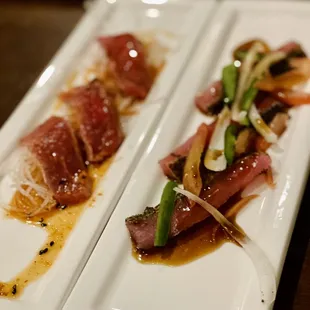 From the AYCC starter selection. They are beef tataki and peppered tuna.