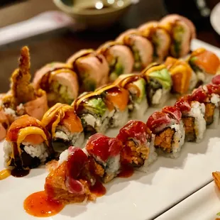 Red roll in front is spicy girl, middle is angel roll, and back is spicy lady roll.