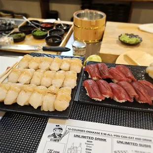 Sushi 13/AYCE- Lean tuna/akami (good.) Hotate/scallop (excellent)