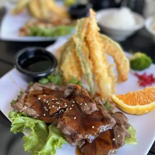 3-Item Lunch: Beef Teriyaki, Tempura, 4 pc Sashimi (not shown) w/ rice, salad, miso soup | $19.95