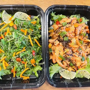Sea weed salad and calamari salad