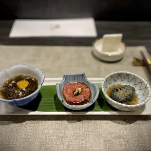 mozuku, toro tartare, nasu agedashi
