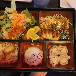 Salmon teriyaki and california roll bento