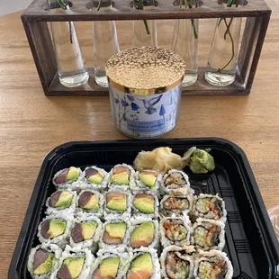 Sushi Lunch special with Tuna avocado roll, salmon avocado roll, eel and cucumber roll.