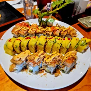 "Pikachu" with sweet mango on top and 2  Crunchy rolls