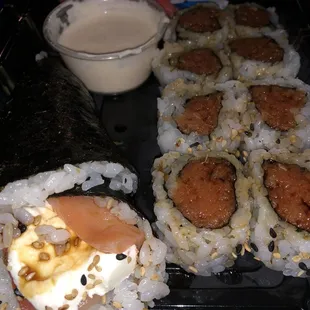 Photo after soy sauce added!  JB hand roll and spicy tuna roll