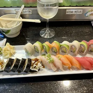 Salmon,  Soft Shell Crab Roll, Rainbow Roll, Tuna, Yellowtail