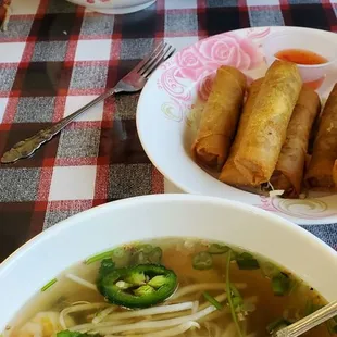 Shrimp and beef pho and egg rolls. Sumptuous! Our first time here and we loved the food!