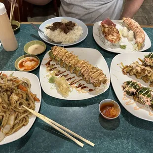Chicken Yakisoba, beef bowl, M&amp;M ROLL, MOON, Pacific Roll,  Godzilla Roll, Sushi House Roll and tuna nigiri