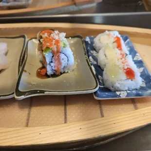 Sushi swimming on a boat