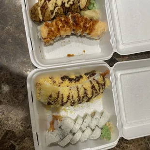 Fire roll  Lion king roll  Crunchy roll and shrimp tempura roll