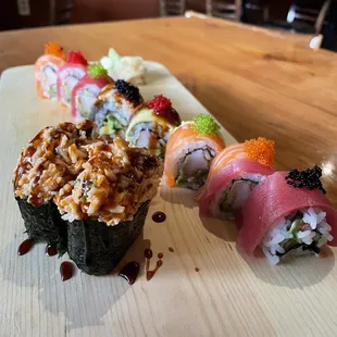 Rainbow roll and crab (can&apos;t remember the name of the  2 piece roll)