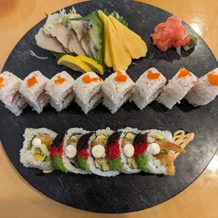 Beautiful and tasty Lobster Tempura Roll, substantial Red Wings Roll, and some sashimi, mackerel and egg.